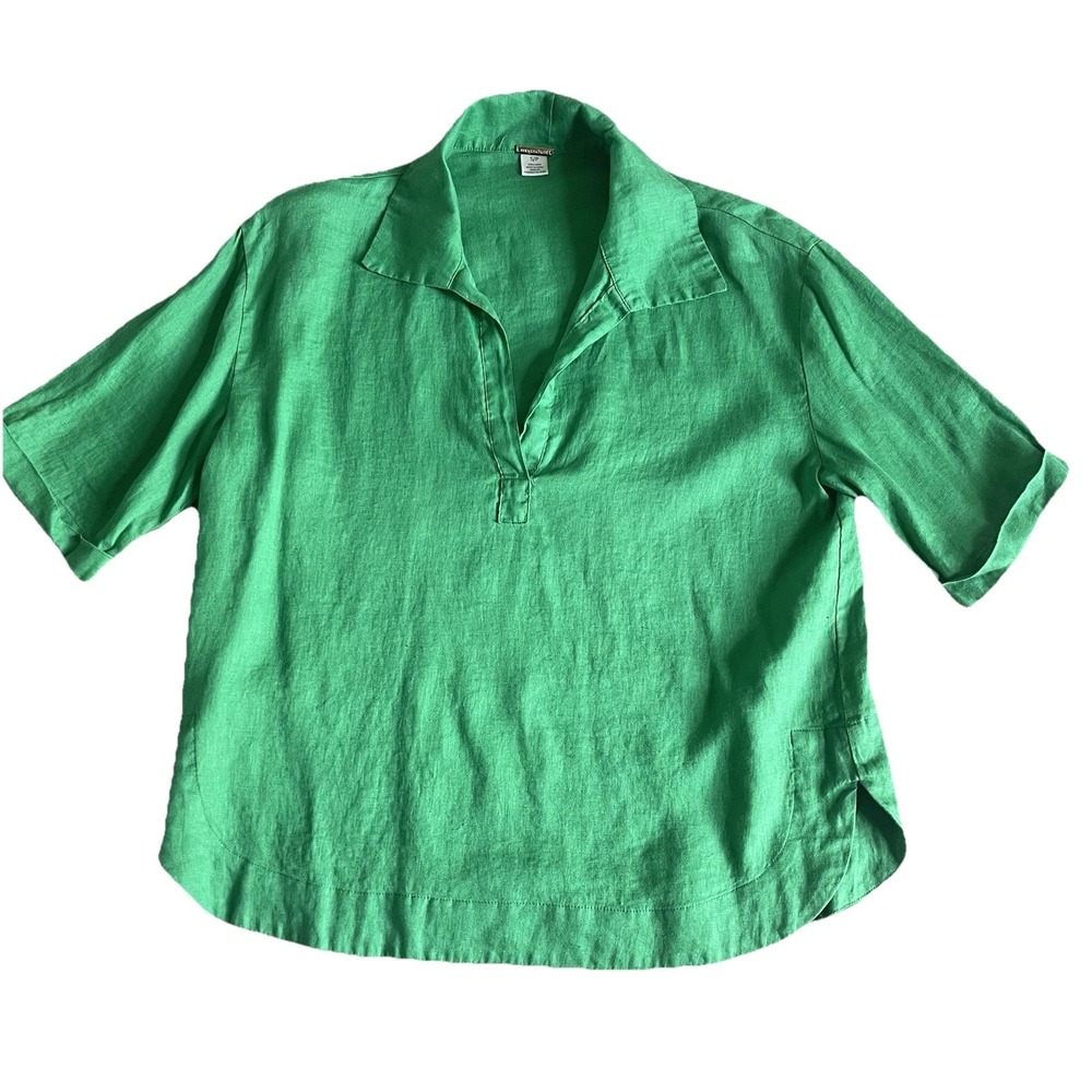 Magaschoni Green Linen Blouse Small‎ Pullover Short Sleeve Collar Curved Hem